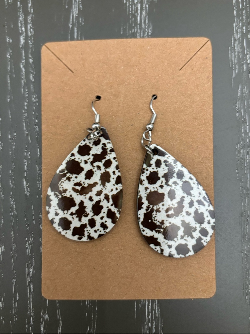Cowhide Pattern Teardrop Earrings - Brown and White